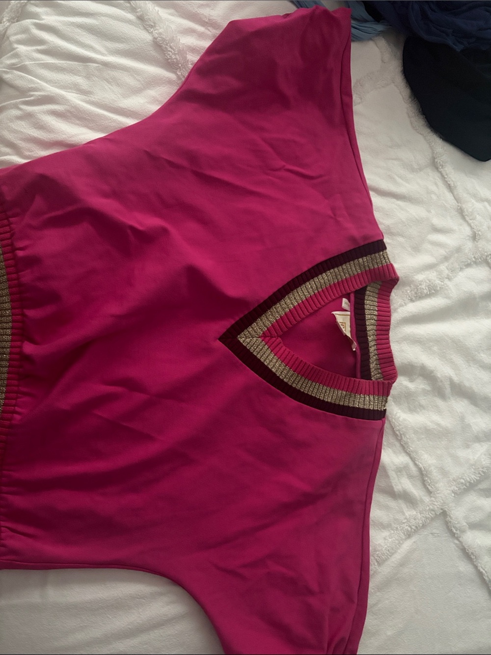 Women's V-Neck Pullover Sweatshirt in Fuchsia with Contrast Trim